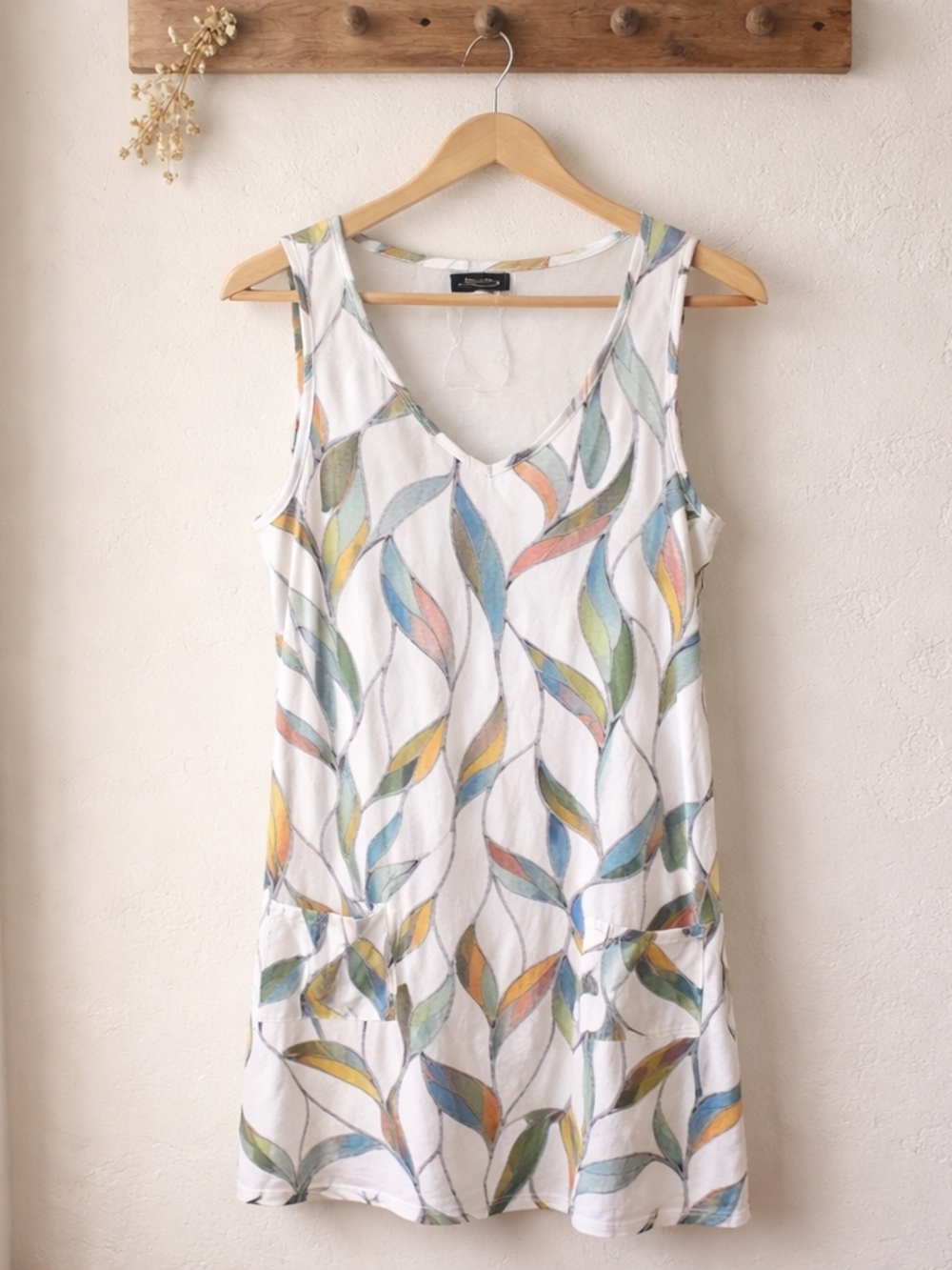 Leaf Print Sleeveless Sundress Beach Coverup W) Pockets  Size Small